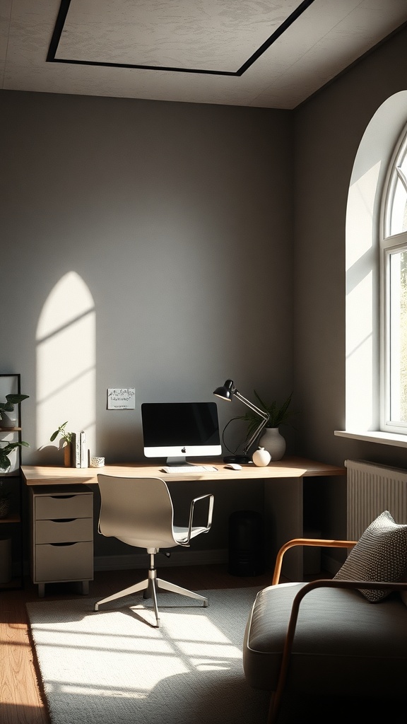 A modern home office featuring layered lighting with natural light from a window and a desk lamp, showcasing a minimalist design.