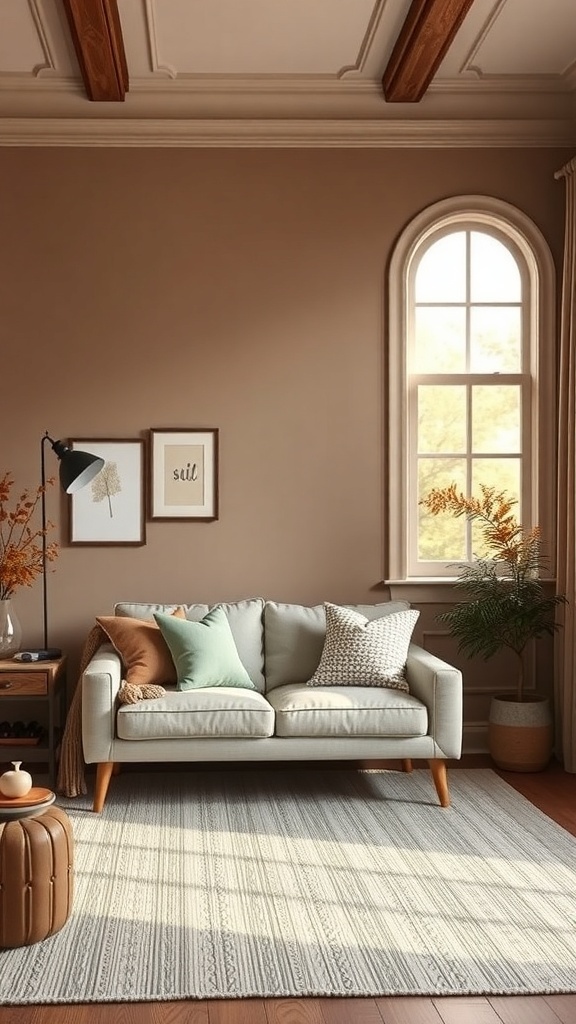 A cozy home office with warm taupe walls, a light-colored sofa, and natural light from a window.