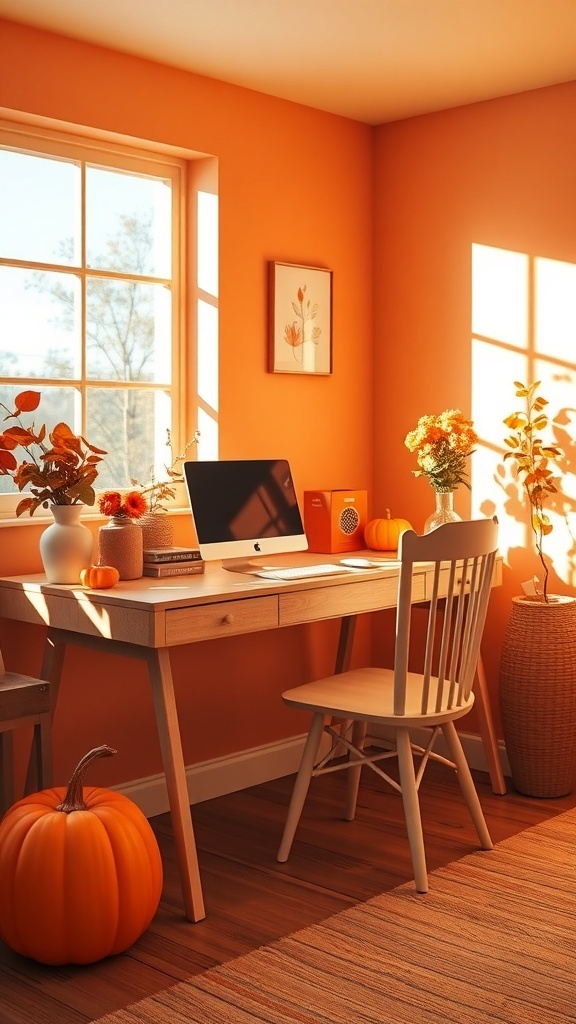 A cozy home office with light orange walls, a wooden desk, and decorative pumpkins and flowers.