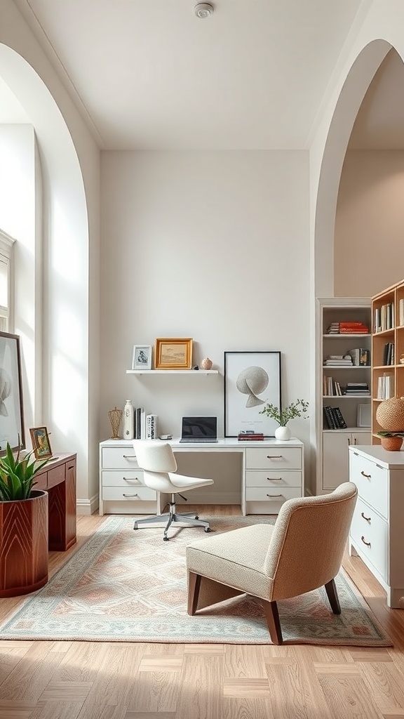 A stylish home office featuring arched windows, a white desk, and warm wooden accents.