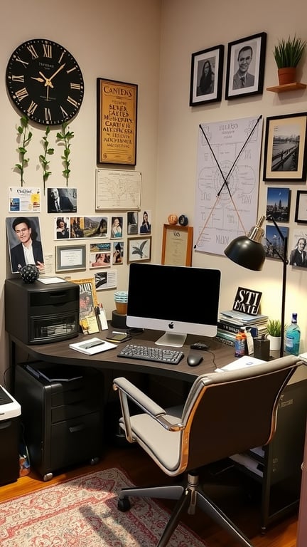 A stylish and personalized workstation with two chairs, a modern desk, and a wall decorated with art and plants.