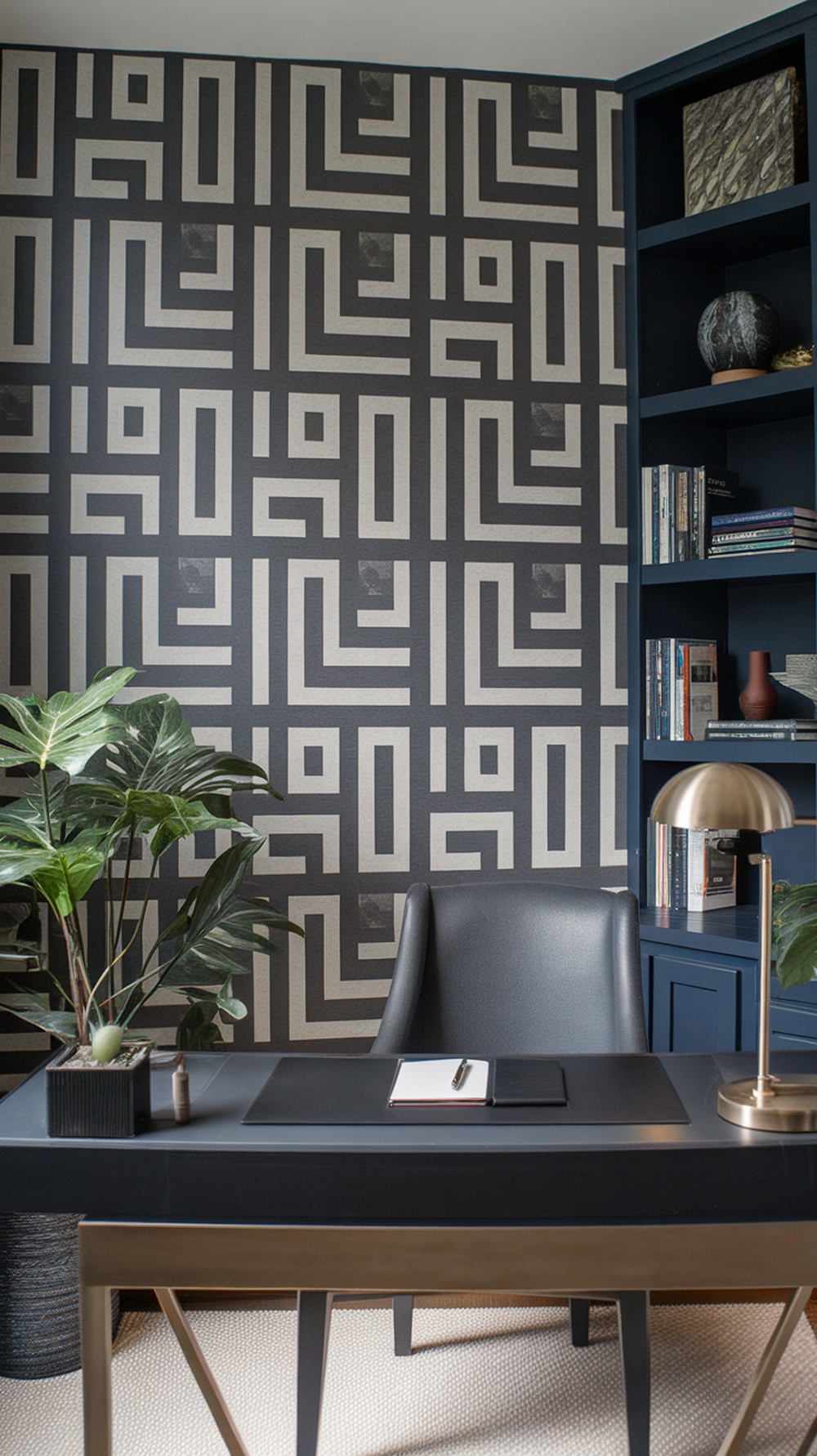 Masculine home office featuring geometric wallpaper, sleek desk, and modern decor.