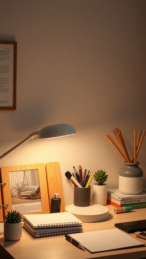 A stylish desk with a modern lamp, plants, and organized stationery, creating a cozy workspace.