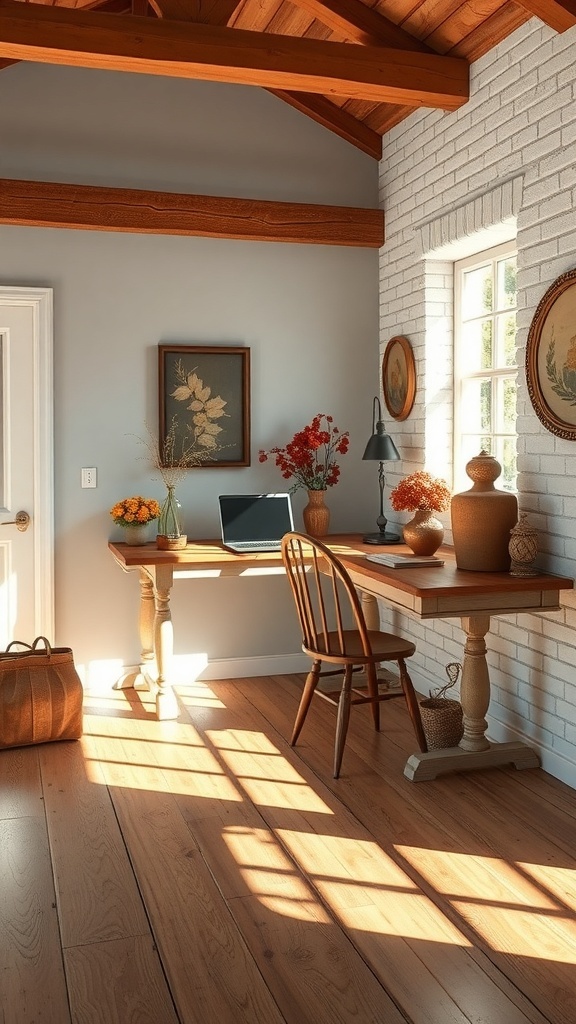 A cozy home office featuring dusty blue walls and chocolate brown furniture, with natural light illuminating the space.