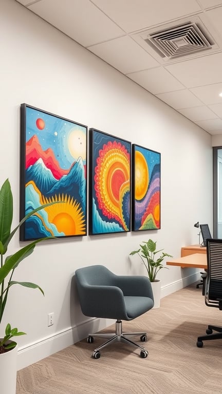 Colorful wall art in a modern office space with plants and a desk.