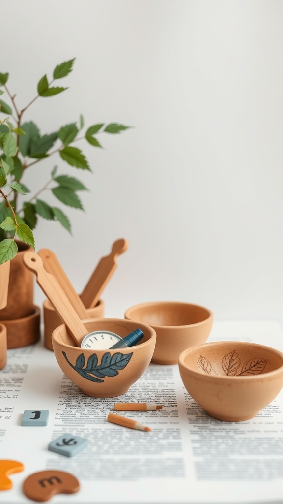 Clay bowls with leaf imprints, surrounded by office supplies and greenery