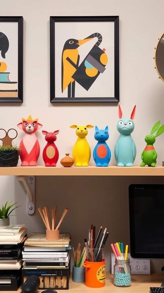 Colorful handcrafted paper mache objects on a shelf, including animals and playful figures, brightening up a home office.