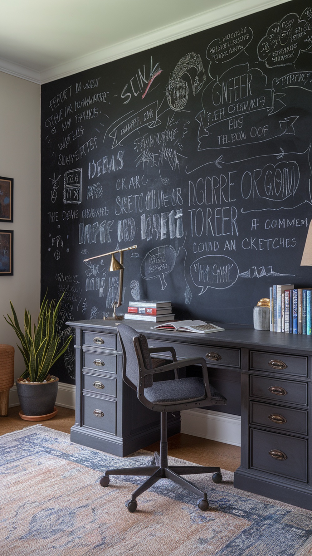 A masculine home office featuring a chalkboard wall filled with sketches and notes, alongside a sleek desk and a plant.