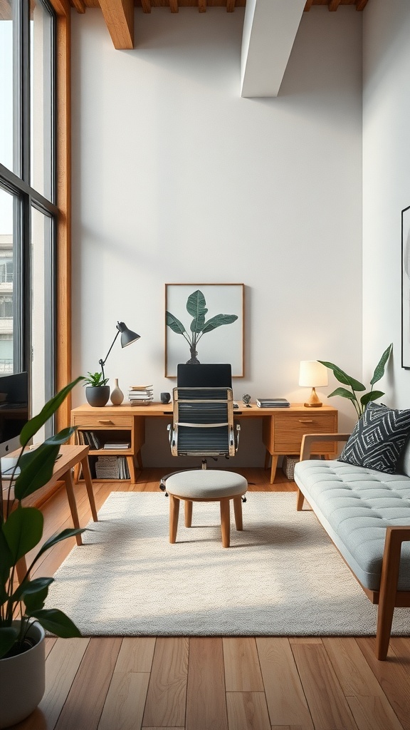 A modern home office featuring warm wood accents, a sleek desk, and plants for a cozy atmosphere.