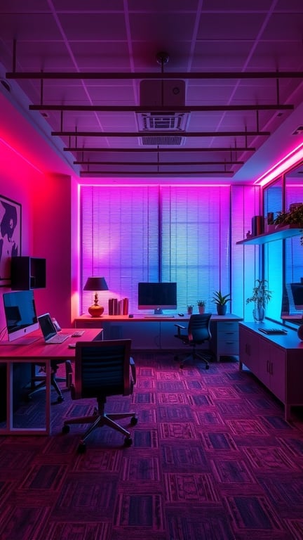 A modern office with vibrant pink and blue mood lighting, showcasing a stylish workspace with computers and plants.