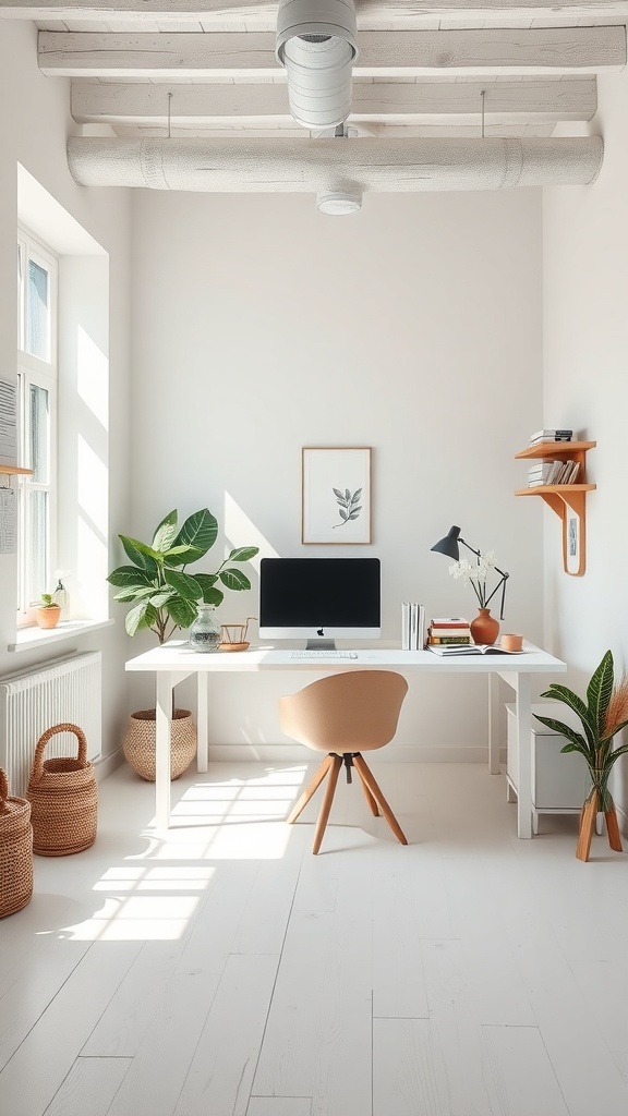A minimalist Scandinavian home office featuring a white desk, a comfortable chair, plants, and natural light.