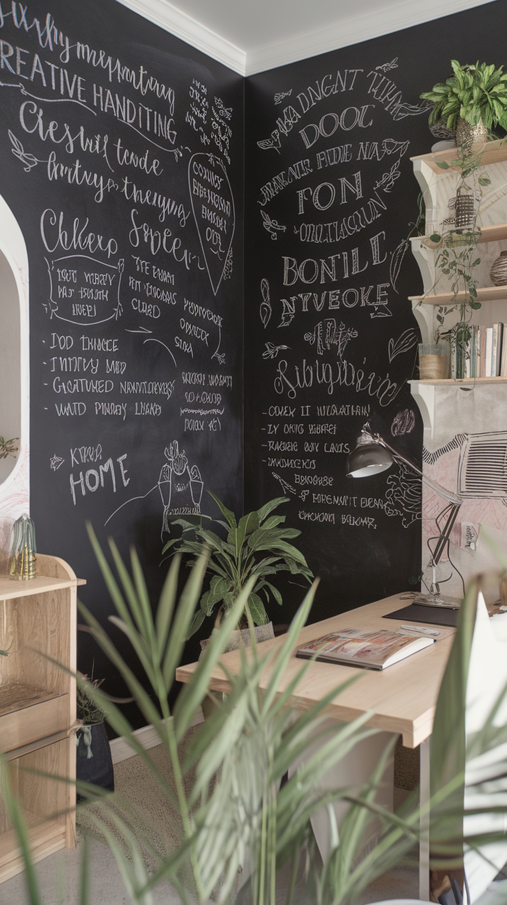 Chalkboard wall with creative writing and plants in a home office