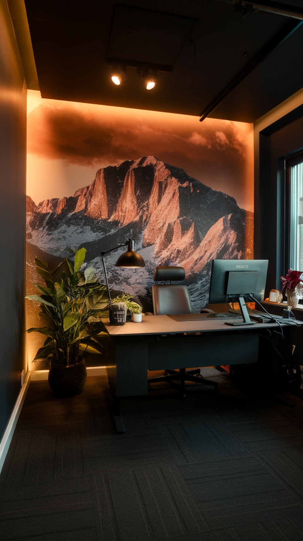 A masculine home office featuring mood lighting, a mountain mural, and a desk with a lamp and plants.