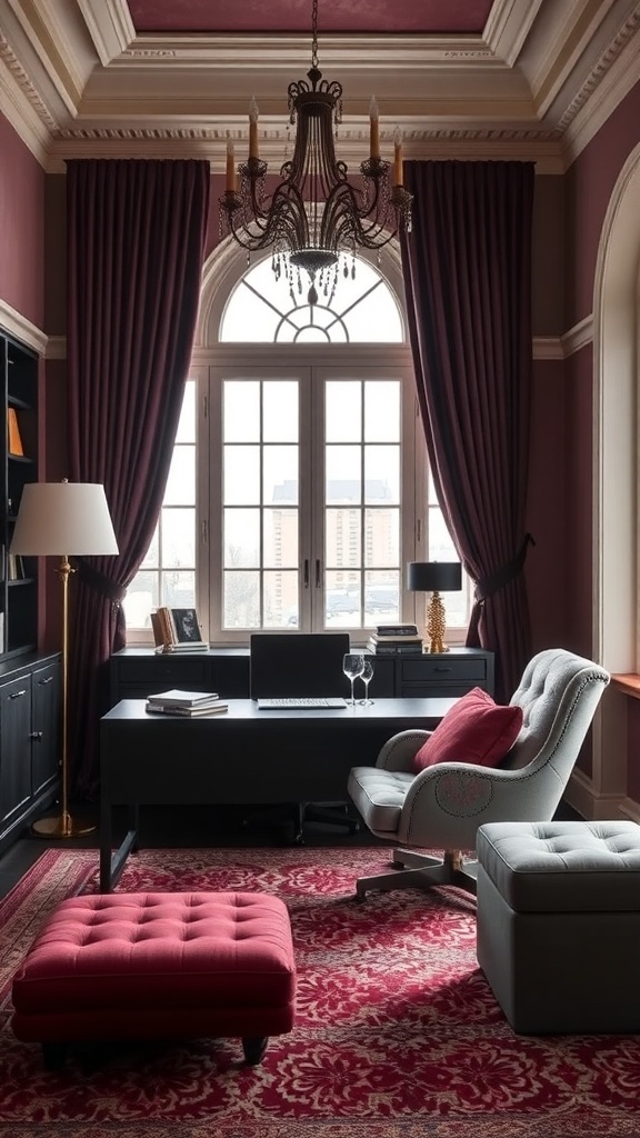 A stylish home office featuring deep plum accents with elegant curtains, a plush ottoman, and a sophisticated desk.