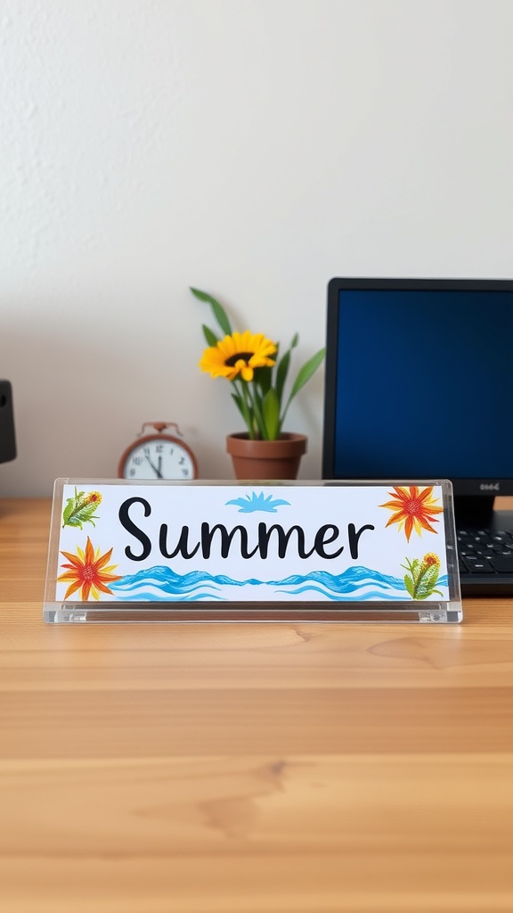 A personalized desk nameplate that reads 'Summer' with colorful flowers and waves.