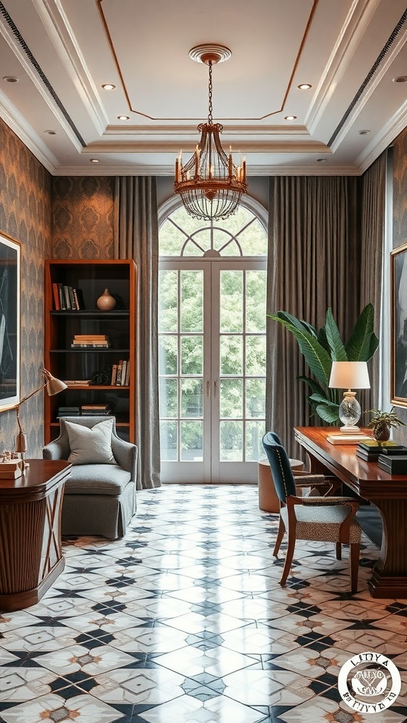 A chic Art Deco home office featuring a chandelier, elegant furniture, and patterned flooring.