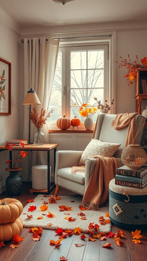 Cozy reading nook with warm throws, pumpkins, and autumn leaves