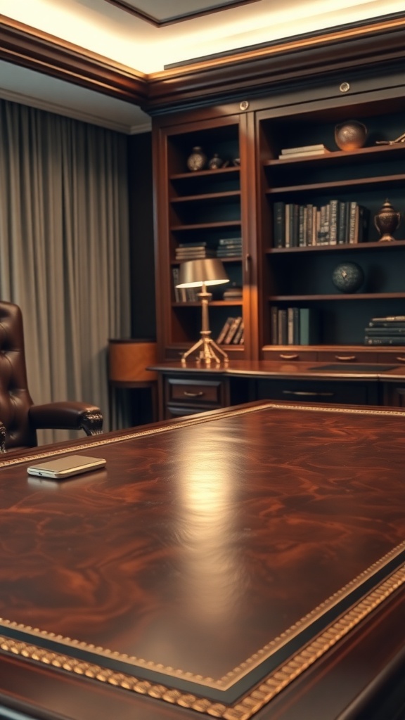 An elegant executive desk with a leather inlay, showcasing a polished wood finish and a stylish lamp in the background.