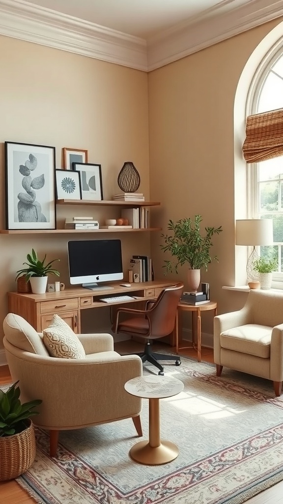 A cozy home office featuring fossil beige tones with wooden furniture and warm lighting.