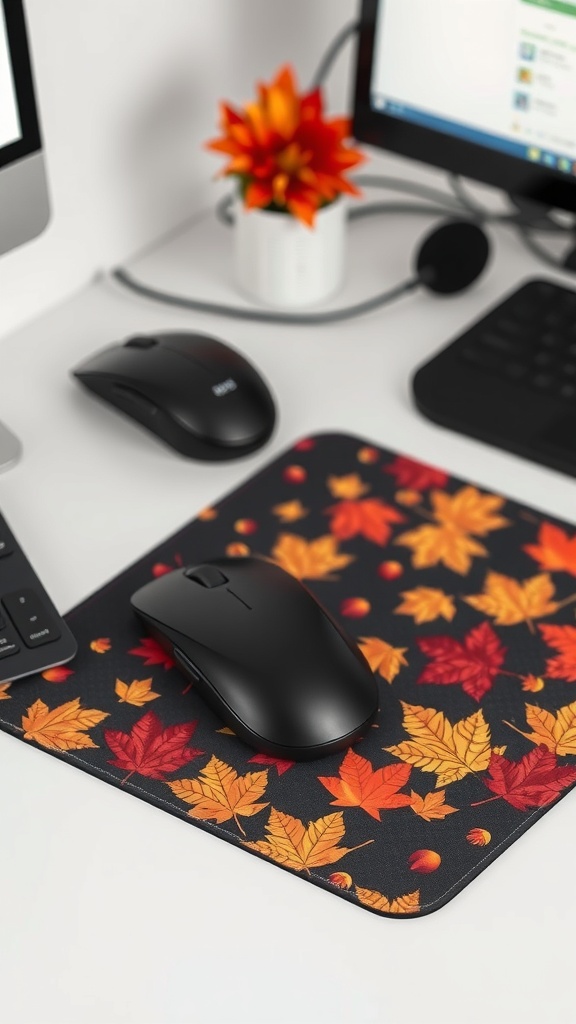 A black mouse pad with colorful autumn leaves, placed on a desk with a computer and a small flower pot.