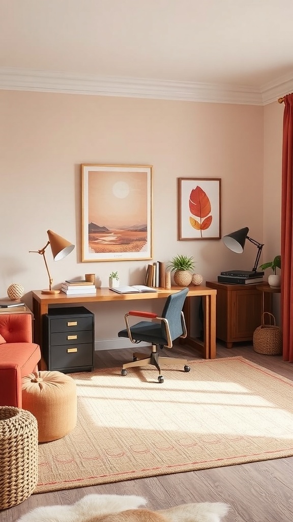 A cozy home office featuring muted coral tones with a stylish desk, comfortable chair, and warm lighting.