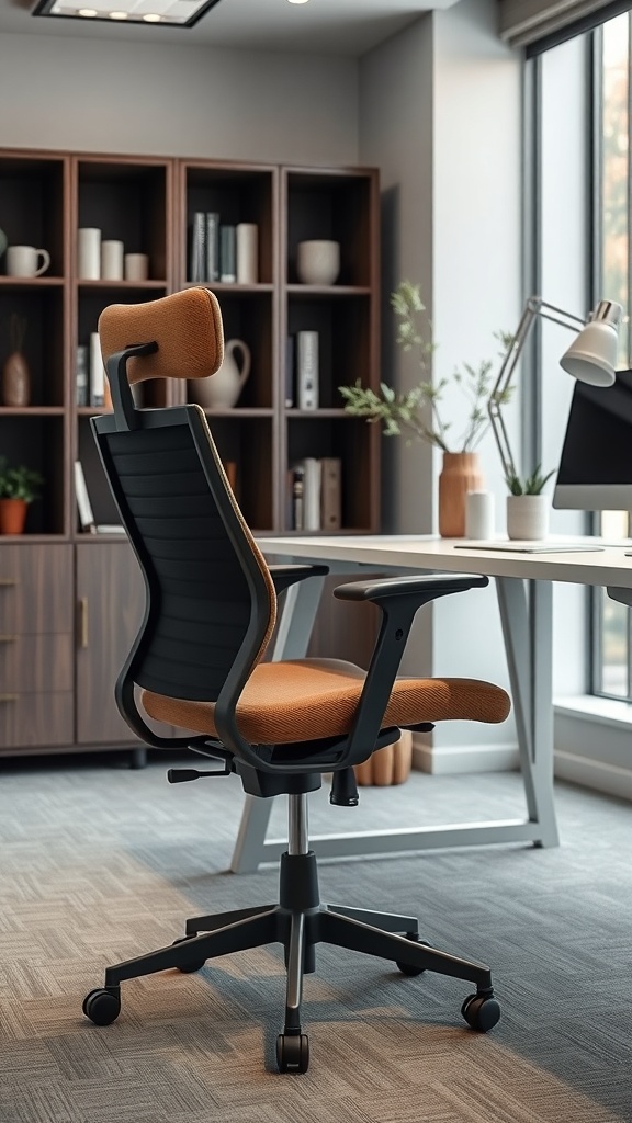 A modern ergonomic desk chair in a stylish home office setting.