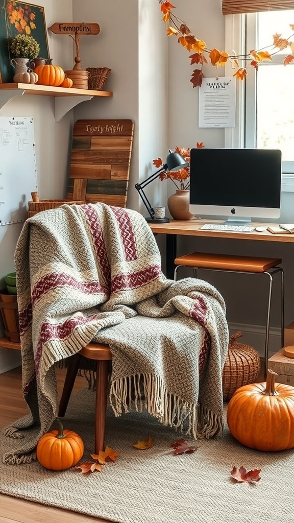 A cozy office corner with a blanket, pumpkins, and autumn decor.