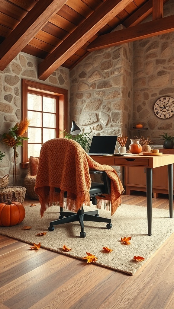 A cozy home office with a knit throw blanket on a chair, pumpkins, and autumn leaves.