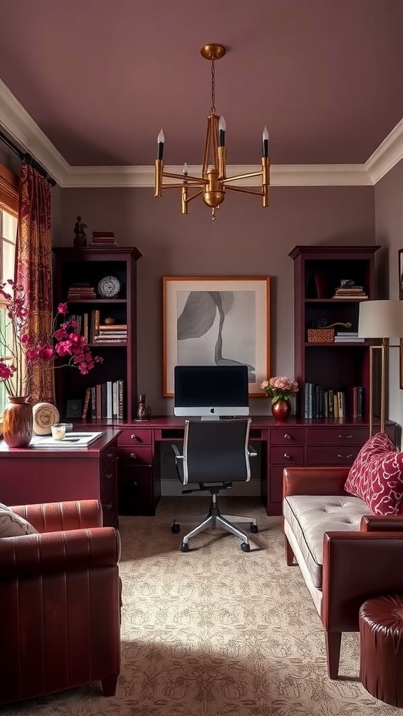 A cozy home office featuring rich burgundy walls and furniture, creating a warm and inviting workspace.