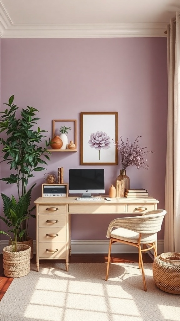 A home office featuring dusty lavender walls, a wooden desk, and decorative plants.