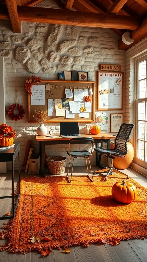 A cozy home office with an autumn-themed bulletin board, orange rug, and pumpkins.