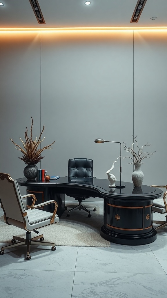 A luxury executive desk with a curved design, black finish, and gold accents, surrounded by stylish chairs and decorative elements.