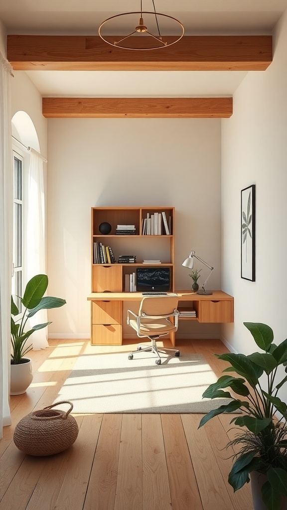 Minimalist home office with wooden furniture, plants, and natural light