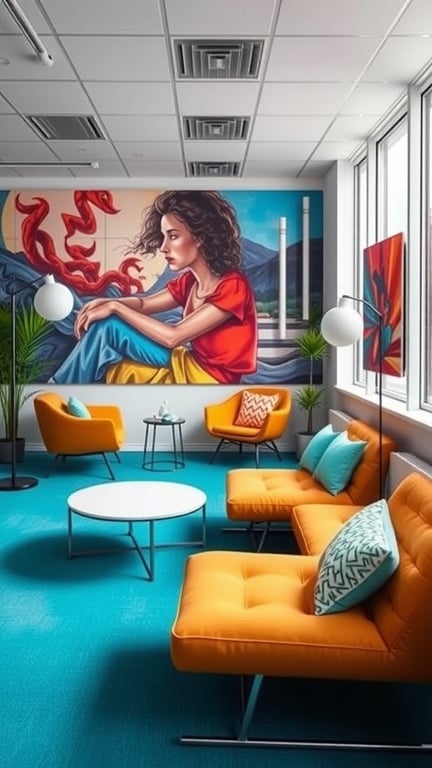 A colorful office lounge with orange seating, a round table, and a mural on the wall.