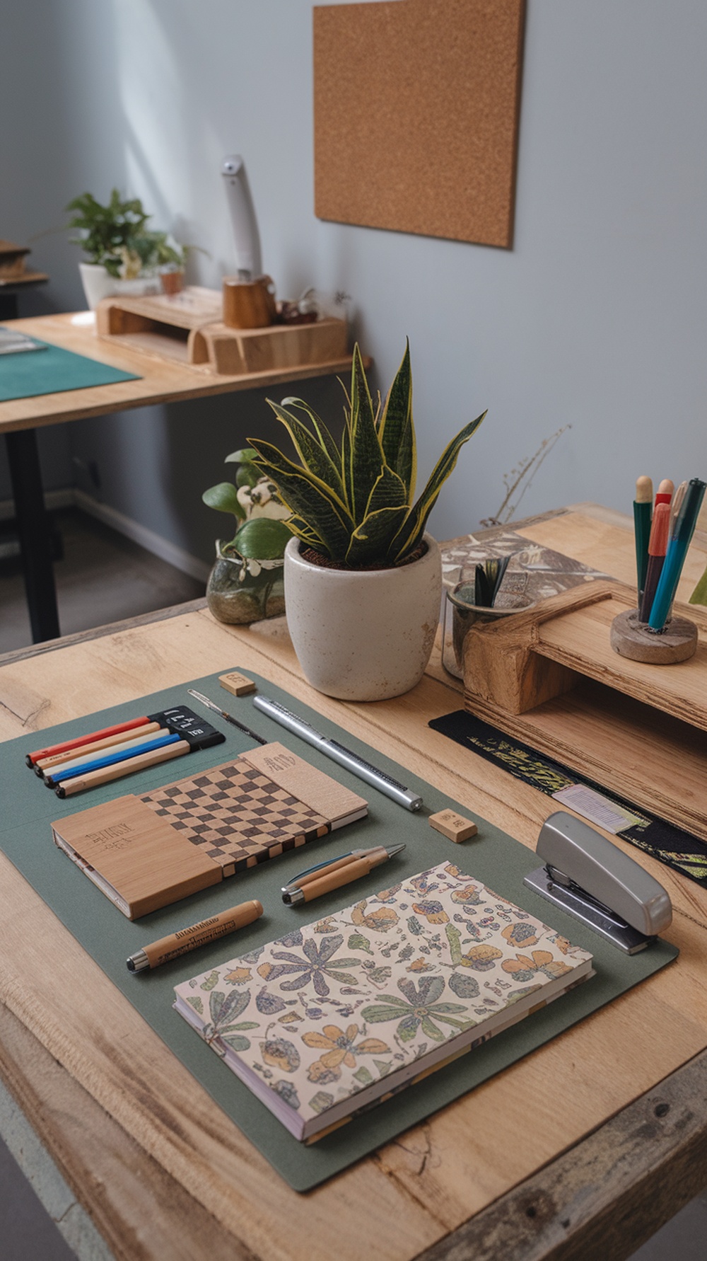 A vibrant home office desk decorated with eco-friendly supplies, plants, and colorful stationery.