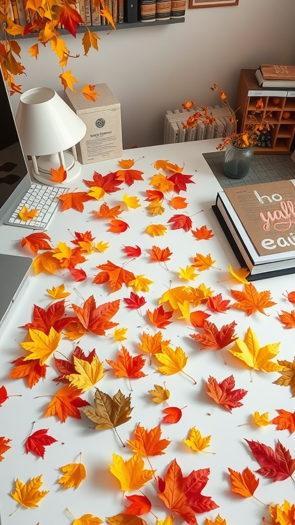 A home office desk decorated with colorful handmade paper leaves in autumn colors.