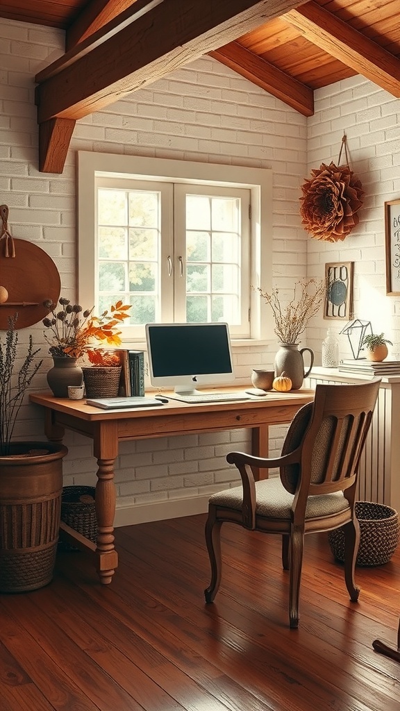 A cozy home office featuring warm cinnamon and cream colors, with wooden beams, a light brown desk, and decorative elements.