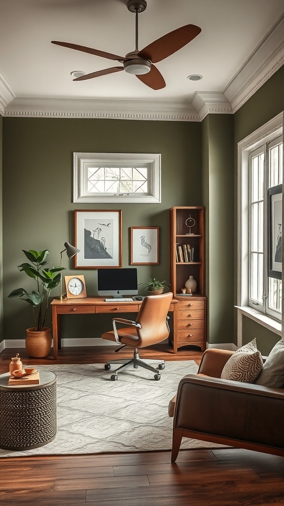 A cozy home office featuring muted olive green walls and brown furniture, with natural light illuminating the space.
