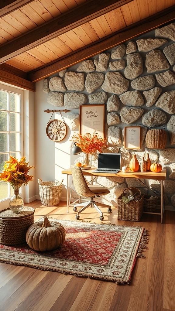 A cozy home office decorated for fall with pumpkins, flowers, and stylish storage solutions.