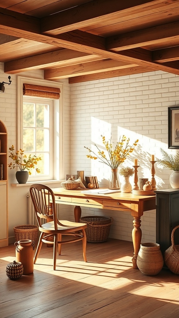 A cozy home office with light brown wallpaper, a wooden desk, and natural decor elements.