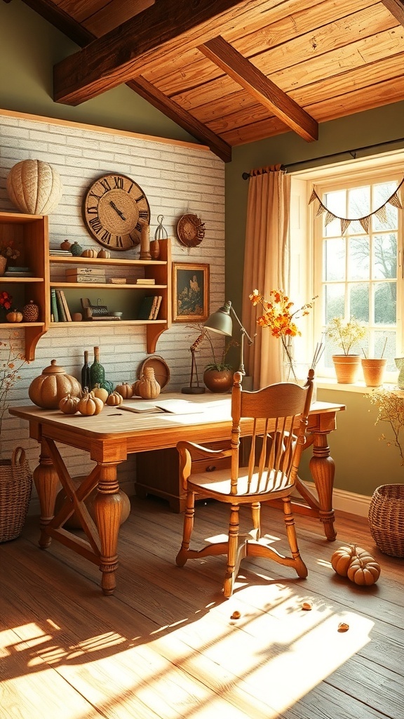 A cozy home office featuring olive green walls and rustic brown furniture, with a wooden desk and decorative pumpkins.