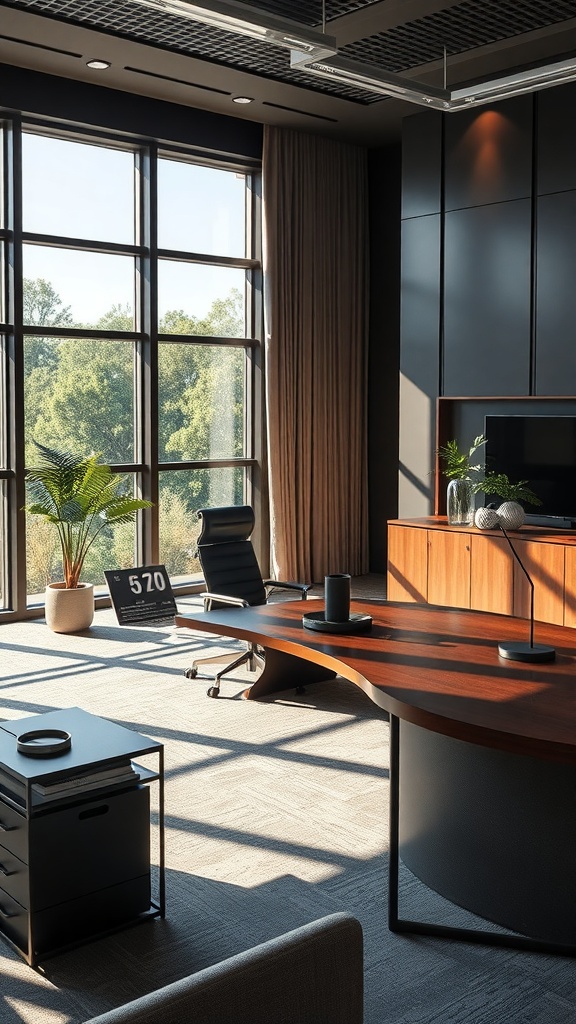 A modern executive office featuring a luxury desk with customizable features, large windows, and stylish decor.