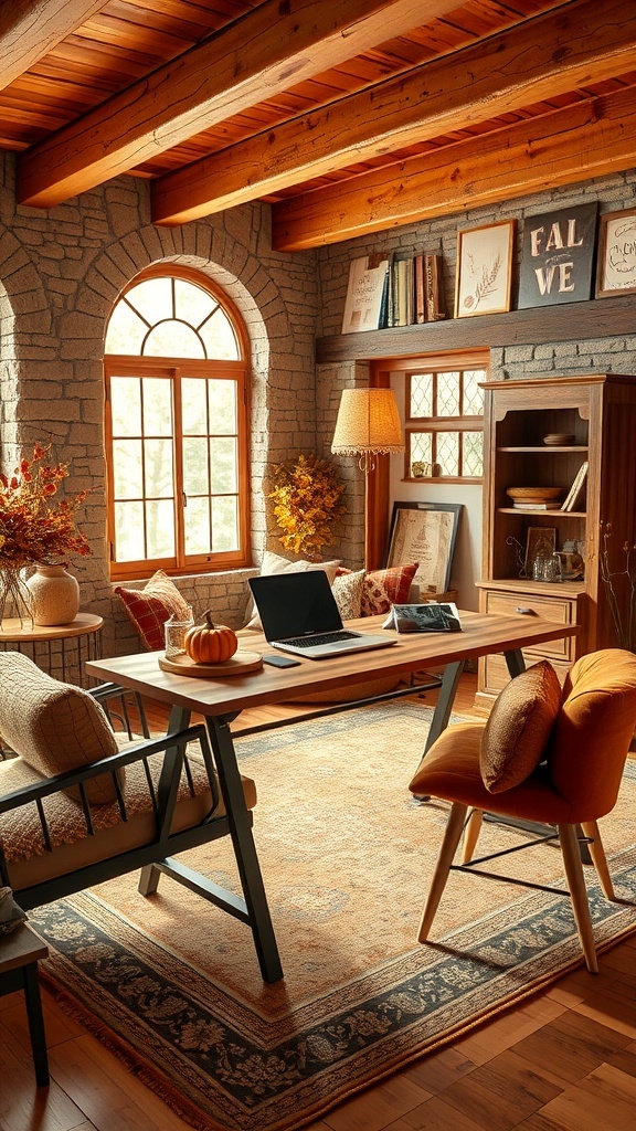 Cozy home office with wooden beams, warm colors, and fall decorations