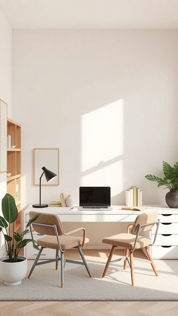 A minimalist home office with a soft color palette, featuring a desk, two chairs, and plants.