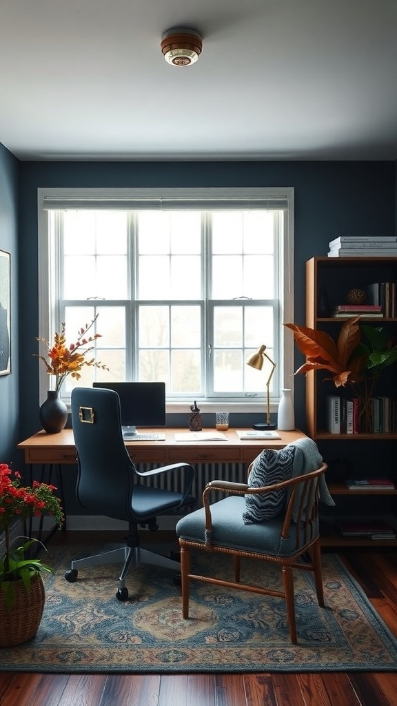 A cozy home office featuring faded indigo walls, a wooden desk, and a comfortable chair, creating a warm and inviting workspace.