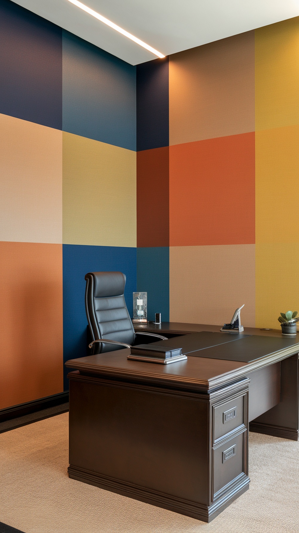 A masculine home office with geometric patterned walls in bold colors