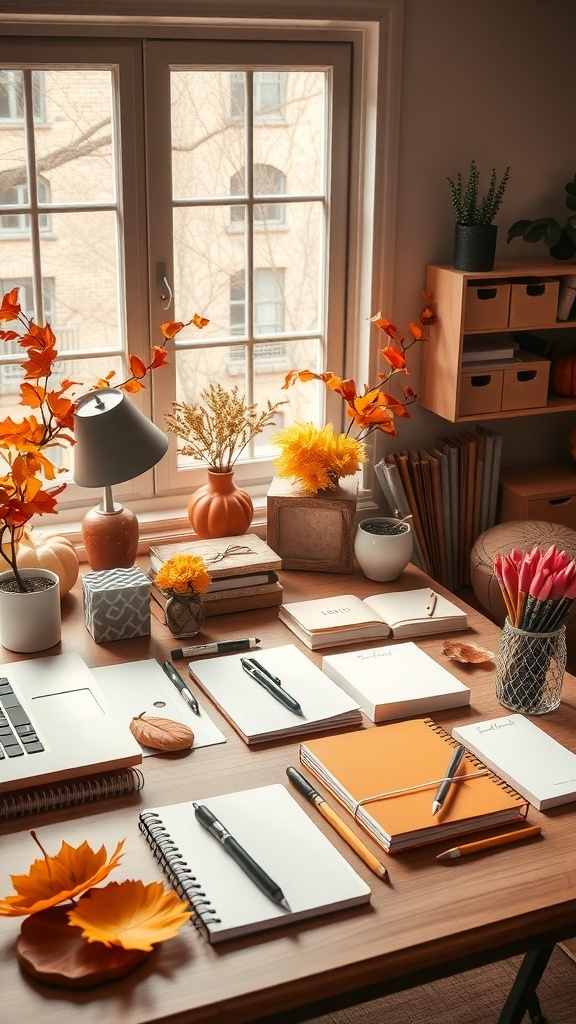 A cozy workspace decorated with autumn-themed stationery and decor, featuring orange and yellow colors, flowers, and organized office supplies.