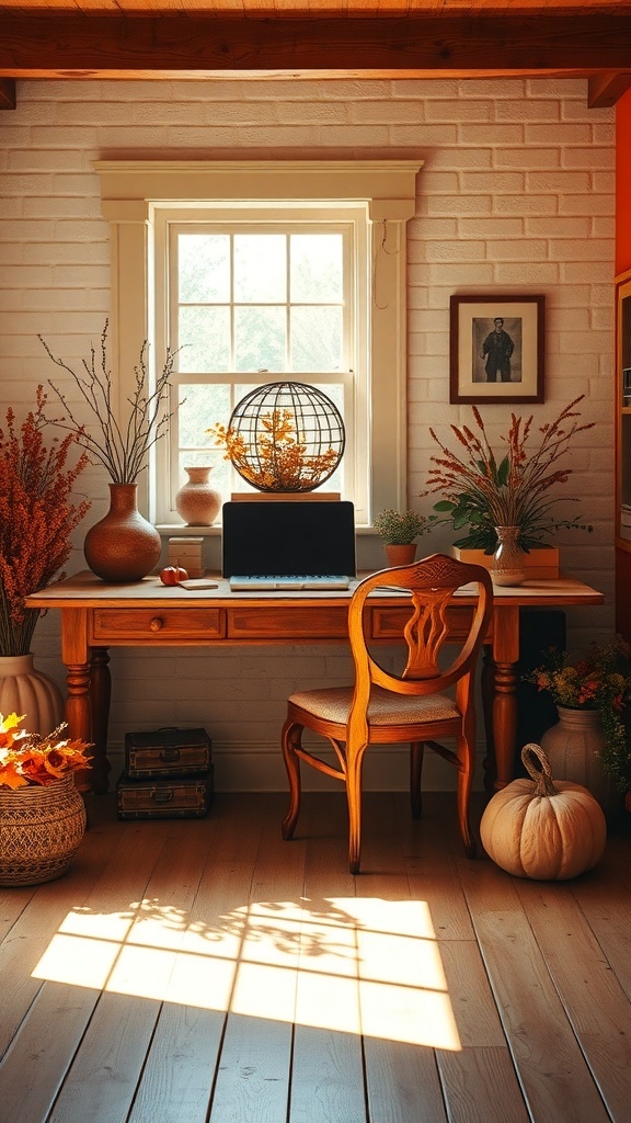 A cozy home office with a wooden desk, plants, and light brown wallpaper, showcasing a rust and cream color scheme.