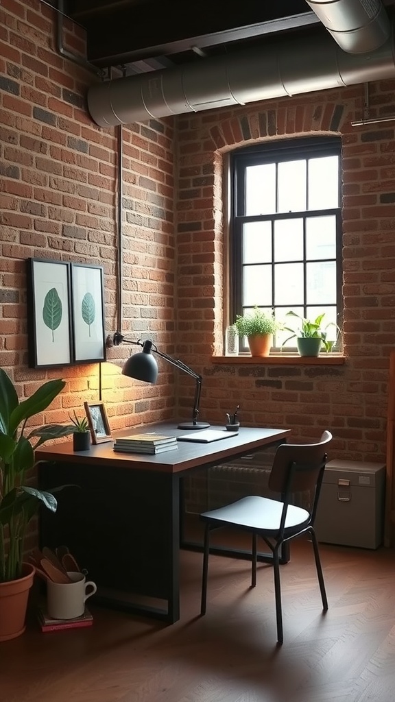 A modern industrial chic home office featuring exposed brick walls, a simple desk, and plants.
