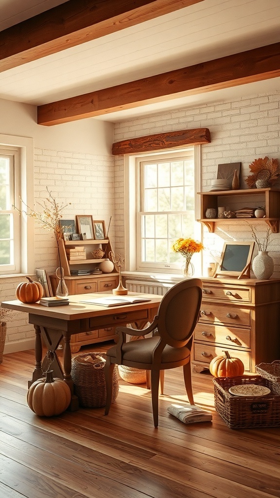 A warm and inviting home office with brown and cream accents, featuring a wooden desk, light brown wallpaper, and decorative pumpkins.